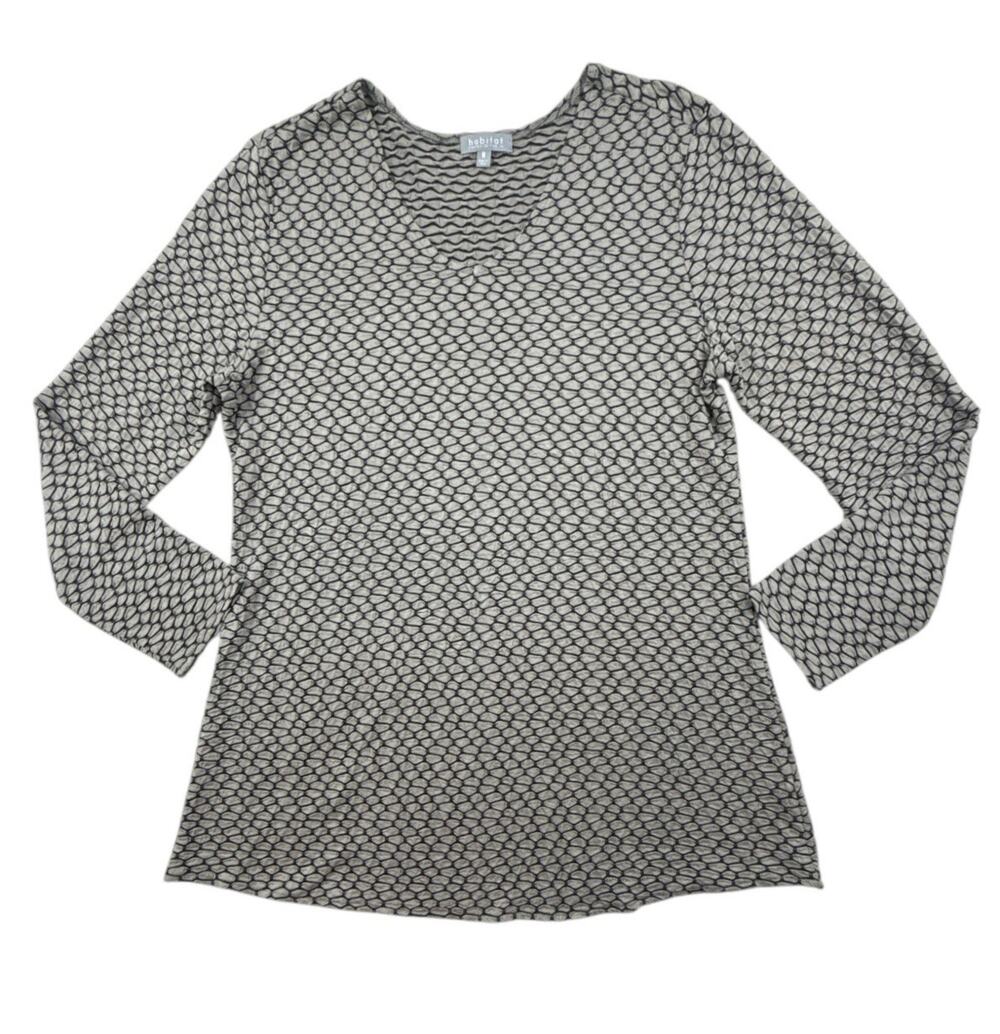 Habitat Tunic Top Pucker Knit Tan Black Long Sleeve Jersey V-Neck Medium